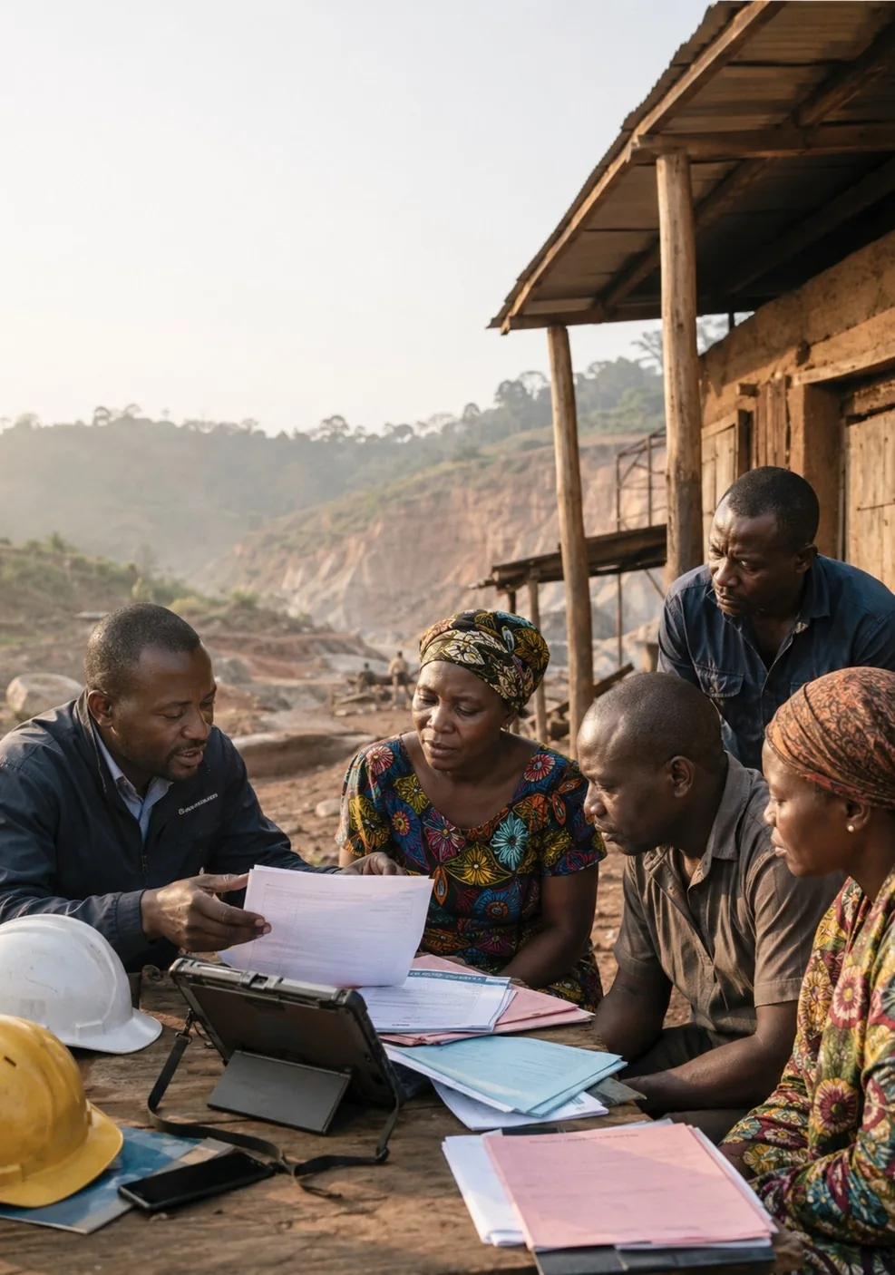 Un groupe préparant des documents avec un accompagnateur de terrain.