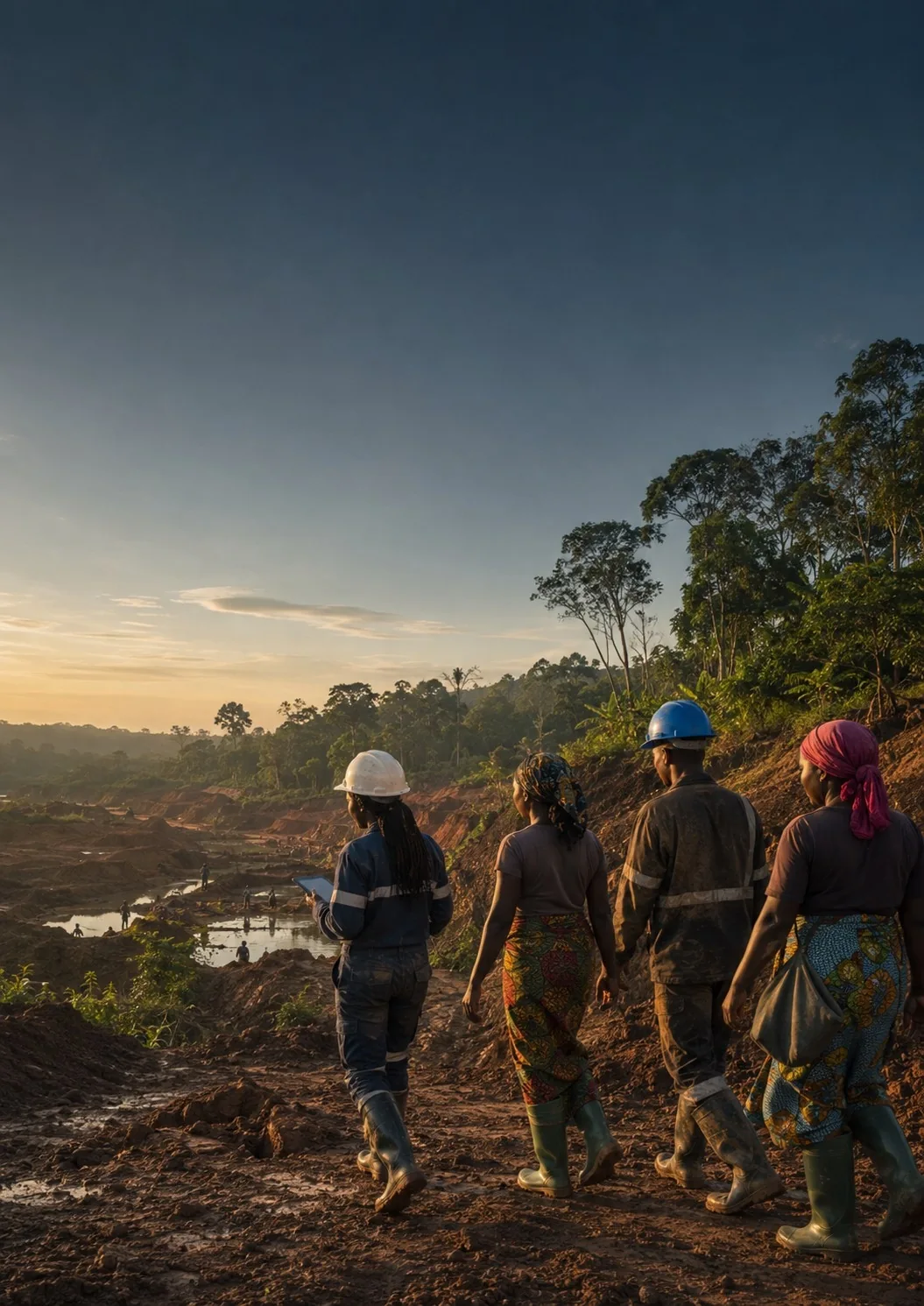 Un groupe d’adultes sur un chemin à proximité d’une zone minière au crépuscule.